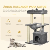PawHut Árbol para Gatos Altura 90 cm de 3 Niveles con Nido Plataforma Bolas Colgantes y Poste de Sisal 48x48x90 cm Gris(m-4)