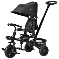 HOMCOM Triciclo Bebé 4 en 1 Bicicleta para Niños 1-5 Años con Asiento Giratorio Capota Ajustable Mango de Empuje Telescópico y Reposapiés Plegable Carga 25 kg 111,5x52x98 cm Negro(m-10)