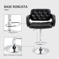 HOMCOM Sgabello da Bar Alto con Schienale e Braccioli, Girevole con Altezza Regolabile e Poggiapiedi, Finta Pelle Nera(m-6)