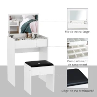 HOMCOM Coiffeuse Table de Maquillage avec Tabouret Miroir Rabattable 9 + 1 Compartiments intégrés 60L x 40l x 79H cm Blanc Noir(m-6)