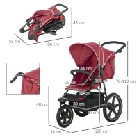 HOMCOM Foldable Three-Wheeler Baby Stroller w/ Canopy, Storage Basket - Red(m-3)