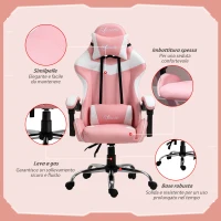 Vinsetto Sedia da Gaming Ergonomica con Poggiatesta, Altezza Regolabile e Reclinabile, Poltrona Girevole con Ruote, 63x67x119-127cm, Rosa(m-7)