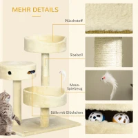 PawHut Kratzbaum für Katzen, 2 Katzenbetten, Katzenspielzeug und Kratzsäulen, 60 cm x 40 cm x 70 cm, Beige(m-6)