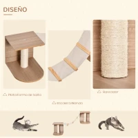 PawHut Estantes de Pared Gatos Escaleras de Tela para Gatos con Plataformas y Postes Rascadores de Sisal Centro de Actividades de Escalada 129x40x31,5 cm Marrón Claro(m-4)