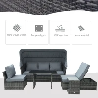 Outsunny 5 PCS Outdoor Rattan Wicker Sofa Sets Reclining Sofa Adjustable Canopy & Side Table Dining Table Set Sectional Conversation Furniture w/ Cushions, Mixed Grey(m-4)