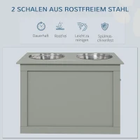 PawHut Futterstation Erhöhte Fressnäpfe 1 Stauraum 2 Edelstahl-Futternäpfe,  60 cm x 30 cm x 41 cm, Grau(m-5)