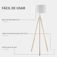 HOMCOM Lámpara de Pie con Trípode de Metal E27 Máx. 40W Pantalla de Tela e Interruptor de Pie Lámpara de Suelo Moderna para Salón Dormitorio Ø53x144 cm Blanco y Dorado(m-6)