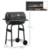 Outsunny Barbecue a Carbone con Coperchio, Termometro, Mensole e Ruote, 68x63x102 cm, Nero(m-3)