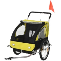 HOMCOM Kinderfahrradanhänger 2 Kinder inkl. Reflektoren u. Fahne Gelb + Schwarz(m-10)