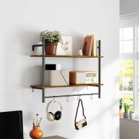 HOMCOM Wall Mounted Floating Shelves with 4 Hooks, Rustic Wall Shelf Unit for Living Room, Entryway, Rustic Brown(m-10)