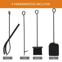 HOMCOM Estante de Leña para Chimenea 46x30x76 Soporte para Leña cm con 4 Herramientas Incluidas Marco de Acero Estable Carga 100 kg para Exterior e Interior Negro(m-4)
