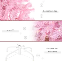 HOMCOM Árbol de Navidad Artificial con 618 Ramas 300 Luces LED IP20 Decoración Navideña para Interiores Ø63x180 cm Rosa(m-7)