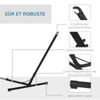 Outsunny Support Pied de hamac réglable Structure Robuste métal époxy Noir dim. 3,08-3,80L x 1,09l x 1,16H m(m-4)
