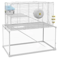 PawHut Gerbil Cage, Dwarf Hamster Cage w/ Deep Glass Bottom, Ramps, Platforms, Hut, Exercise Wheels, Water Bottle - White(m-11)