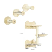 PawHut Juego de Rascador de Pared para Gatos con 3 Postes de Sisal Hamaca y 1 Plataforma para Saltar de 3 Niveles Beige(m-3)