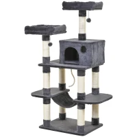 PawHut Katzenbaum Luxus mit Hängematte Katzenhaus Kletterbaum mit Hängematte und Katzenhaus Katzenspielturm Dunkelgrau 60 x 48 x 144 cm(m-10)