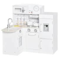 HOMCOM Kids Play Kitchen Wooden Toy Kitchen Cooking Set for Children with Drinking Fountain, Microwave, and Fridge White(m-11)