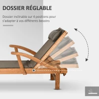 Outsunny Bain de soleil transat en bois avec dossier inclinable 4 positions et appui-tête - pin - dim. 194L x 70l x 32H cm - marron(m-6)