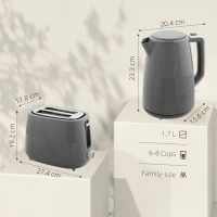 HOMCOM Kettle and Toaster Set, 1.7L 3000W Fast Boil Kettle & 2 Slice Toaster Kitchen Set with 7 Level Browning Controls, Defrost, Reheat, Boil-dry Protection, Grey(m-3)