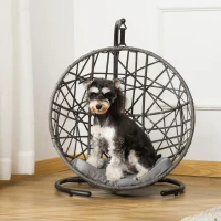 PawHut Rattan Hundehütte mit Kissen Hundehaus Haustierbett Katzenhaus Katzenkorb Katzenhöhle Hängesessel Hängematte für Hunde Katzen Outdoor Grau+Schwarz 60 x 53 x 76 cm(m-2)