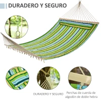 Outsunny Hamaca Colgante de Jardín para 2 Personas Hamaca Ecológico para Camping con Almohada Carga de 180 kg Rayas Azules y Verdes 3,4x1,4m(m-5)