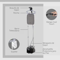 HOMCOM Plancha de Vapor Vertical 1950W 2 L con Temperatura Ajustable en 11 Niveles y Barra Telescópica Negro(m-8)
