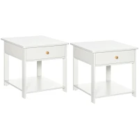 HOMCOM Bedside Table with Drawer and Bottom Shelf, Square Side End Table for Bedroom, Living Room, White, Set of 2(m-1)
