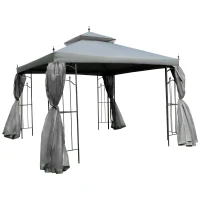 Outsunny 3(M)x3(M) Garden Gazebo Double Top Outdoor Canopy Patio Event Party Wedding Tent Backyard Sun Shade with Netting - Grey(m-1)