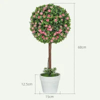 HOMCOM Set of 2 Decorative Artificial Plants, Ball Topiary Tree with Rose Flower in Pot, Fake Plants for Home Indoor Outdoor Decor, 60cm, Pink(m-3)