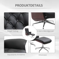 HOMCOM Relaxsessel mit Hocker Fernsehsessel Polstersessel 360° drehbar 145° neigbar mit Retro-Design Chesterfield PU-Bezug Holzverkleidung Metallfuß Schwarz 82 x 83 x 110 cm(m-6)