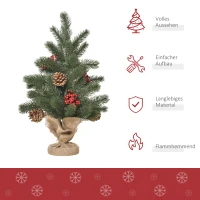 HOMCOM Mini-Weihnachtsbaum Weihnachtsdekoration, inkl. Schmuck, rote Beeren, 50 cm hoch, inkl. Zementsockel, Grün + Mehrfarbig(m-4)