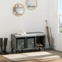 HOMCOM Upholstered Shoe Bench with Storage, Shoe Rack with Seating Cushion, 3 Open Compartments and 2 Fabric Drawers for Entryway, Grey(m-2)