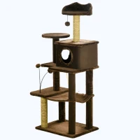 PawHut 136cm Cat Tree for Indoor Cats, Modern Cat Tower with Scratching Posts, house, Platforms, Toy Ball - Brown(m-11)