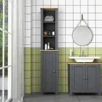 kleankin Colonna Bagno Salvaspazio con Armadietto e 3 Ripiani Aperti in Legno, 34x23x165cm, Grigio(m-7)