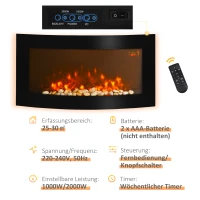 HOMCOM Elektrokamin mit Heizung, Wandkamin mit LED Flammeneffekt, 7 Flammenfarben, 1000/2000 W, elektrischer Kamin mit Timer, Einstellbarer Thermostat, Dekokamin mit Fernbedienung, Schwarz, 89,2 cm(m-5)