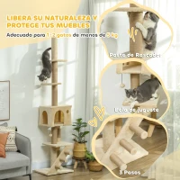 PawHut Árbol para Gatos de Suelo a Techo de 225-255 cm con Altura Ajustable Múltiples Plataformas Escalera Bola Colgante Beige(m-6)