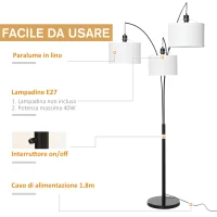 HOMCOM Lampada da Terra con 3 Luci e Braccia Flessibili, Base in Marmo e Palo in Metallo, 103x34.5x205cm, Nero e Bianco(m-6)