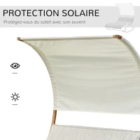 Outsunny Bain de Soleil transat de jardin chaise longue en bois Design à Bascule 2 pers. tétière & Pare-Soleil Inclus Bois pin pré-huilé textilène dim. 190L x 135l x 185H cm crème chiné(m-7)