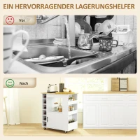 HOMCOM Küchenwagen, Rollbare Kücheninsel, Küchen-Trolley mit Fächern, Weinregalen, Schrank und Arbeitsfläche, Weiß(m-8)
