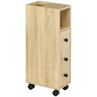 Kleankin Armadietto da Bagno a Colonna, Mobile Bagno con 4 Ruote, 1 Cassetto 1 Armadietto con Anta 2 Armadietti Aperti, Color Rovere, 18x30x68.5 cm(m-1)