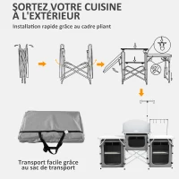 Outsunny Meuble de cuisine pour le camping en aluminium 3 placards en tissu, pare-brise, support d'éclairage, sac de transport(m-6)