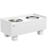 PawHut Erhöhte Fütterungsstation für Hunde, mit abnehmbarer Slow-Feeder-Matte, 2 Aluminiumschüsseln, Stauraum, Weiß(m-10)