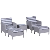 Outsunny 5 Pieces PE Rattan Garden Furniture Set with 10cm Thick Padded Cushions, Wicker Weave Outdoor Seating Chairs with 2 Armchairs, 2 Stools, Glass Top Table, Grey and White(m-1)
