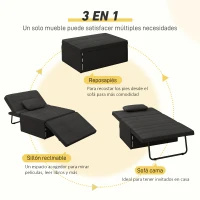 HOMCOM Sofá Cama de 1 Plaza Tapizado en Lino con Respaldo Ajustable en 5 Posiciones Reposapiés y Reposacabezas Negro(m-4)
