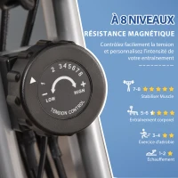 HOMCOM Vélo d'appartement pliable, vélo d'exercice, home traîner pour adultes, 8 niveaux de résistance magnétique, capteurs pouls main, écran LCD multifonction, selle réglable, acier, gris, argenté(m-8)