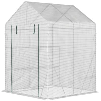 Outsunny Serra da Giardino per Esterni in Acciaio e PE con 2 Scaffali e Porta Avvolgibile, 143x143x195 cm, Bianco(m-10)