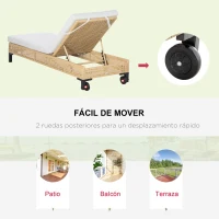 Outsunny Tumbona de Ratán Sintético Chaise Longue con Respaldo Ajustable en 5 Posiciones Cojín Acolchado y 2 Ruedas para Jardín Terraza Acero 200x65x31 cm Natural y Beige(m-7)