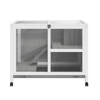 PawHut Conejera de Madera con Ruedas 91,5x53,3x73 cm Jaula para Conejos de 2 Niveles con Techo Abatible Gris(m-9)