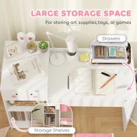 AIYAPLAY Rabbit-Themed Kids Desk and Chair Set with Bookcase, Drawers, Shelves, for Ages 3-6 Years, Whtie/Pink(m-5)