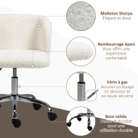 HOMCOM Chaise de bureau sans accoudoir en toison d'agneau hauteur réglable pivotant à 360 ° charge max. 120 Kg blanc(m-7)